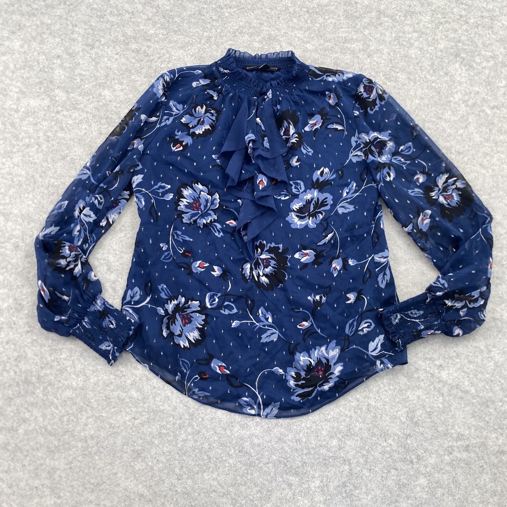 White House Black Market Blouse Womens 4 Blue Floral Mock Neck Long Sleeve